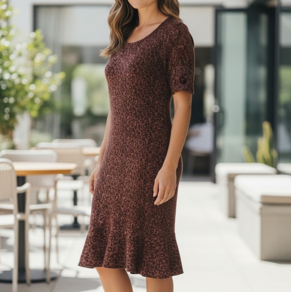Brown Animal Print Knit Dress XL Knee-length Artsy Elegant Whimsical Chic Ruffle